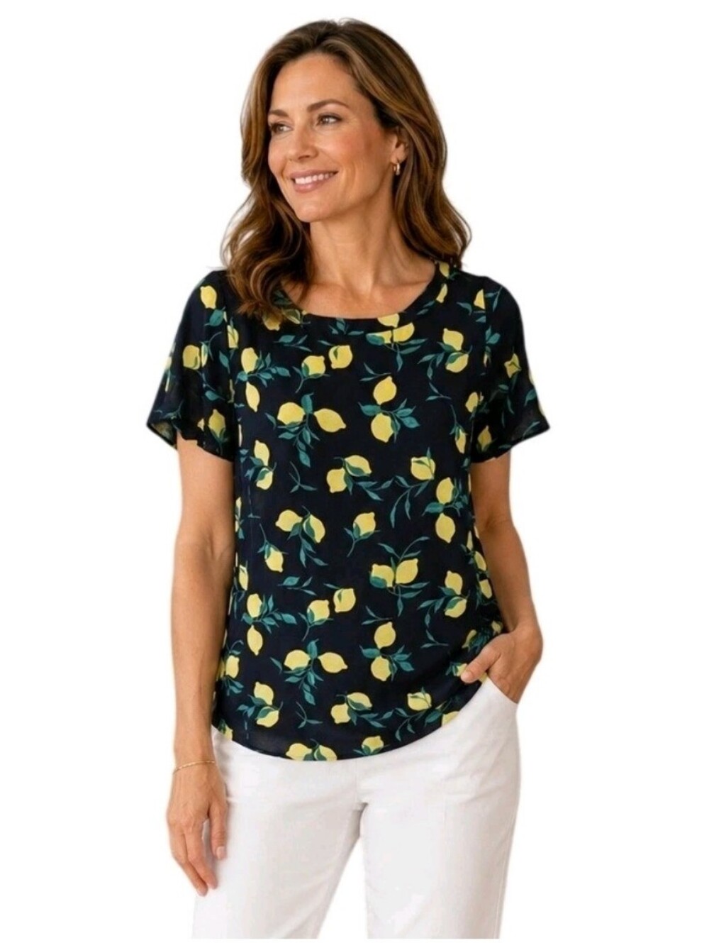 BANANA REPUBLIC Lemon Print Short Sleeve Blouse Navy Yellow Flowy Sz Small
